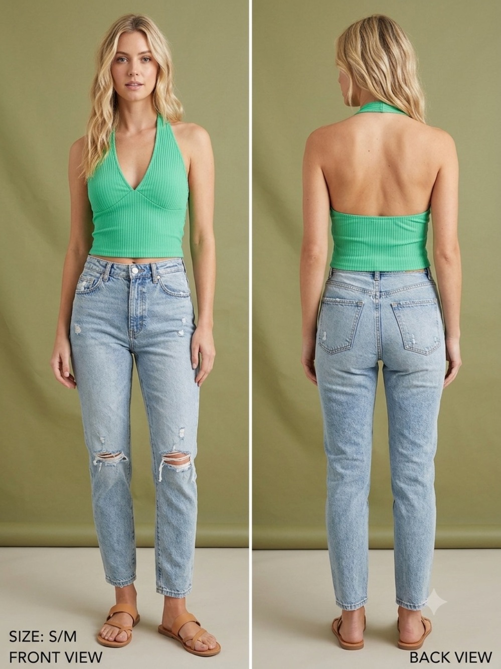 Ribbed Halter Crop Top in Green - Women's Casual Tank